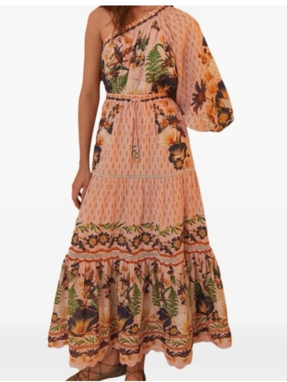 FARM Rio Peach Floral One-Shoulder Maxi Dress